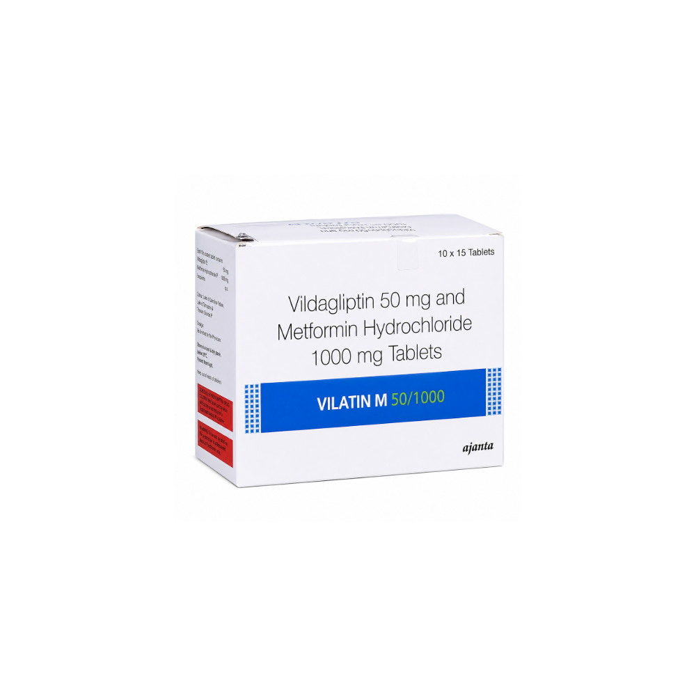Vilatin M 1000mg/50mg Tablet Salt Composition:-Metformin (1000mg) + Vildagliptin (50mg) Pack Of:-15 tablets in 1 strip Uses:-Type 2 diabetes mellitus Manufacturer/Marketer Address:-Ajanta Pharma Ltd, Ajanta House, Charkop, Kandivli West, Mumbai 400 067, India