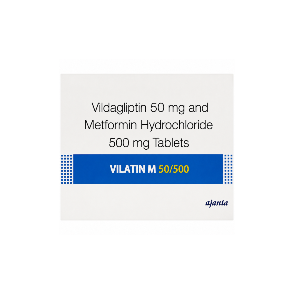 Vilatin M 50/500 packaging with Vildagliptin and Metformin Hydrochloride on a white background