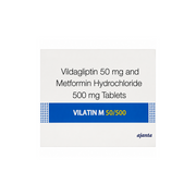 Vilatin M 50/500 packaging with Vildagliptin and Metformin Hydrochloride on a white background