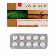 Vistarax 10 hydroxyzine hydrochloride tablets packaging with tablets in a blister pack.