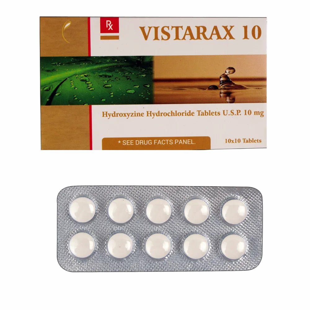 Vistarax 10 hydroxyzine hydrochloride tablets packaging with tablets in a blister pack.