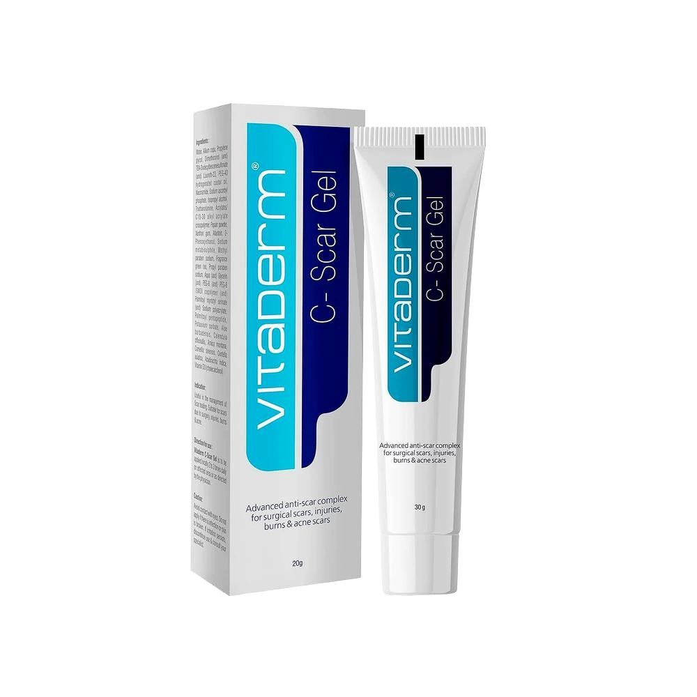 Vitaderm C-Scar Gel packaging and tube on a white background