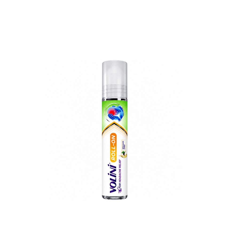 Front view of Volini Roll-On 10ml headache relief product in a white cylindrical bottle with a transparent cap and green, white and orange label.