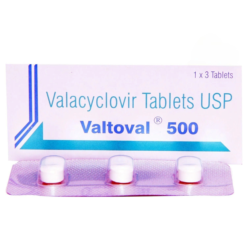 Valacyclovir Tablets USP Valtovar 500 packaging with three white tablets on a white background
