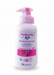 Hydronic XP moisturizing lotion bottle with pink pump on a white background