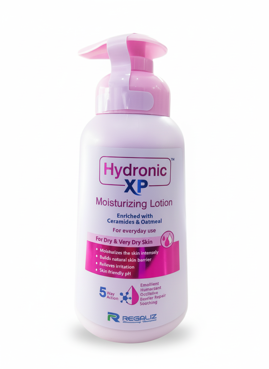 Hydronic XP moisturizing lotion bottle with pink pump on a white background