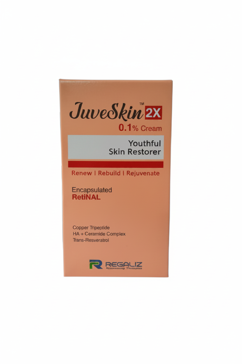 Packaging of Juveskin 2x 0.1% Cream, which is a skincare product designed to smooth and firm the skin.