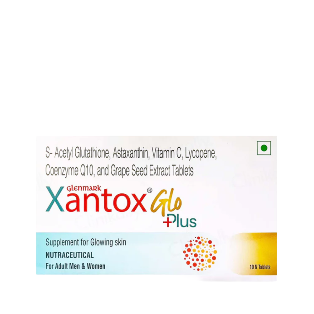 Glenmark Xantox Glo Plus supplement packaging on a white background