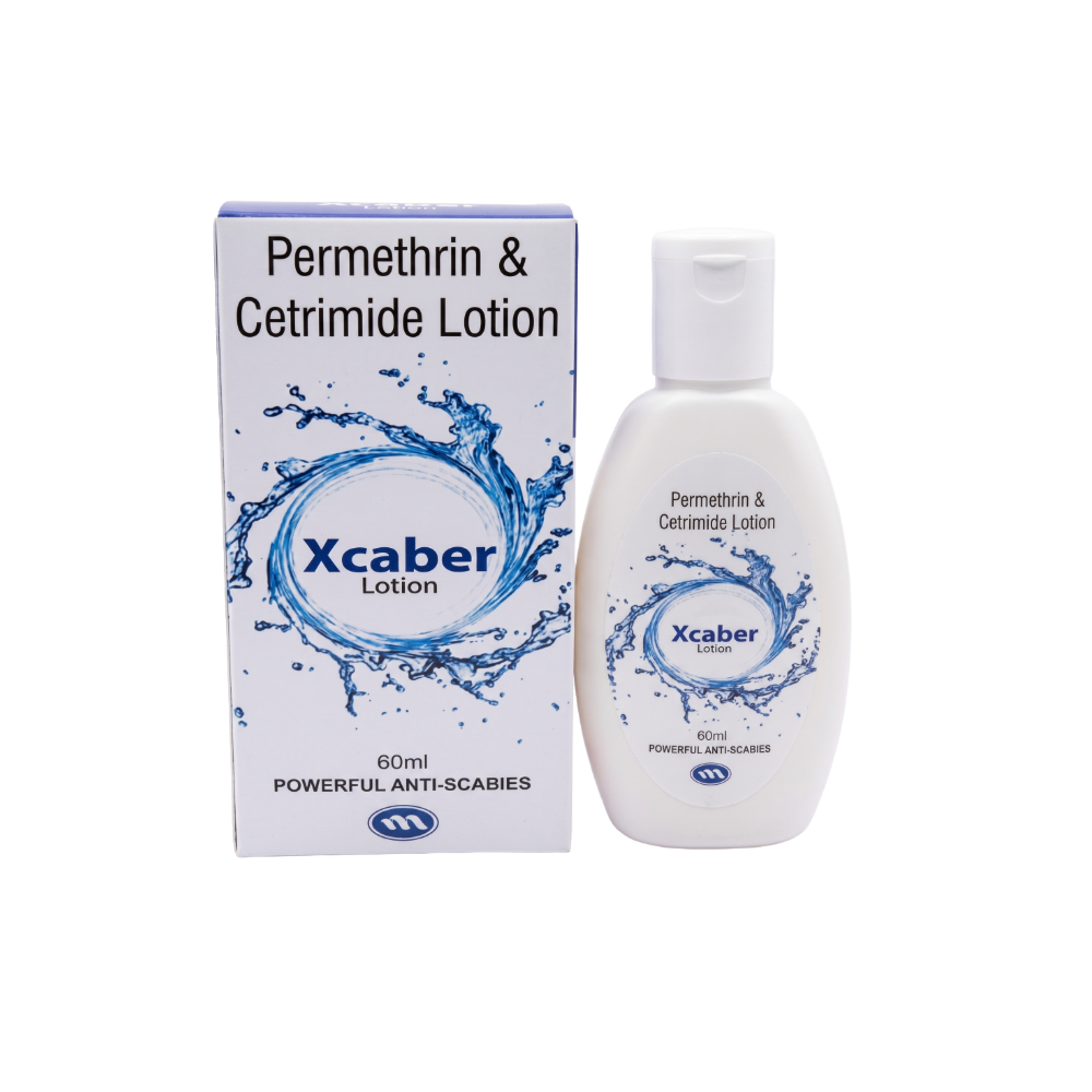 Xcaber Permethrin & Cetrimide Lotion bottle and packaging on a white background