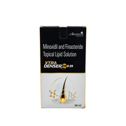 Front view of Xtra Denser FM 0.25 Minoxidil 5% and Finasteride 0.25% topical lipid solution by Akumentis Healthcare, 60 ml.