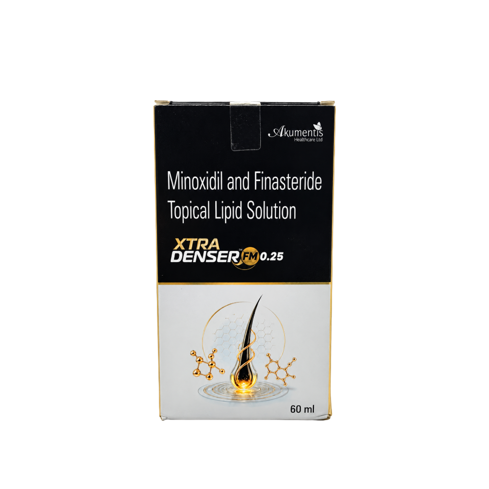 Front view of Xtra Denser FM 0.25 Minoxidil 5% and Finasteride 0.25% topical lipid solution by Akumentis Healthcare, 60 ml.