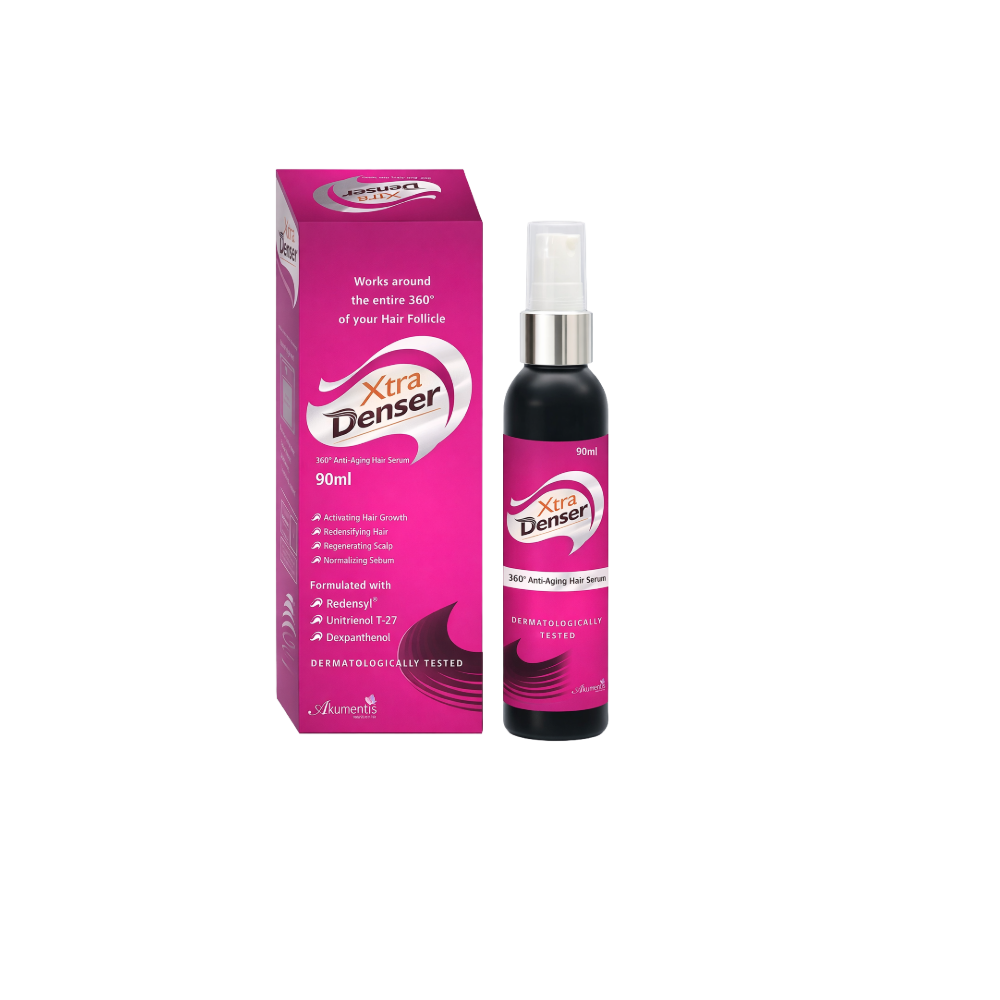 Xtra Denser hair product packaging on a white background