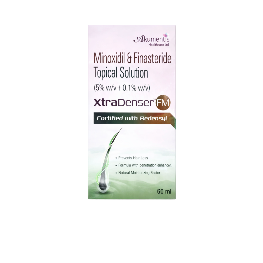 Box of Minoxidil & Finasteride Topical Solution by Akumentis Healthcare Ltd on a white background