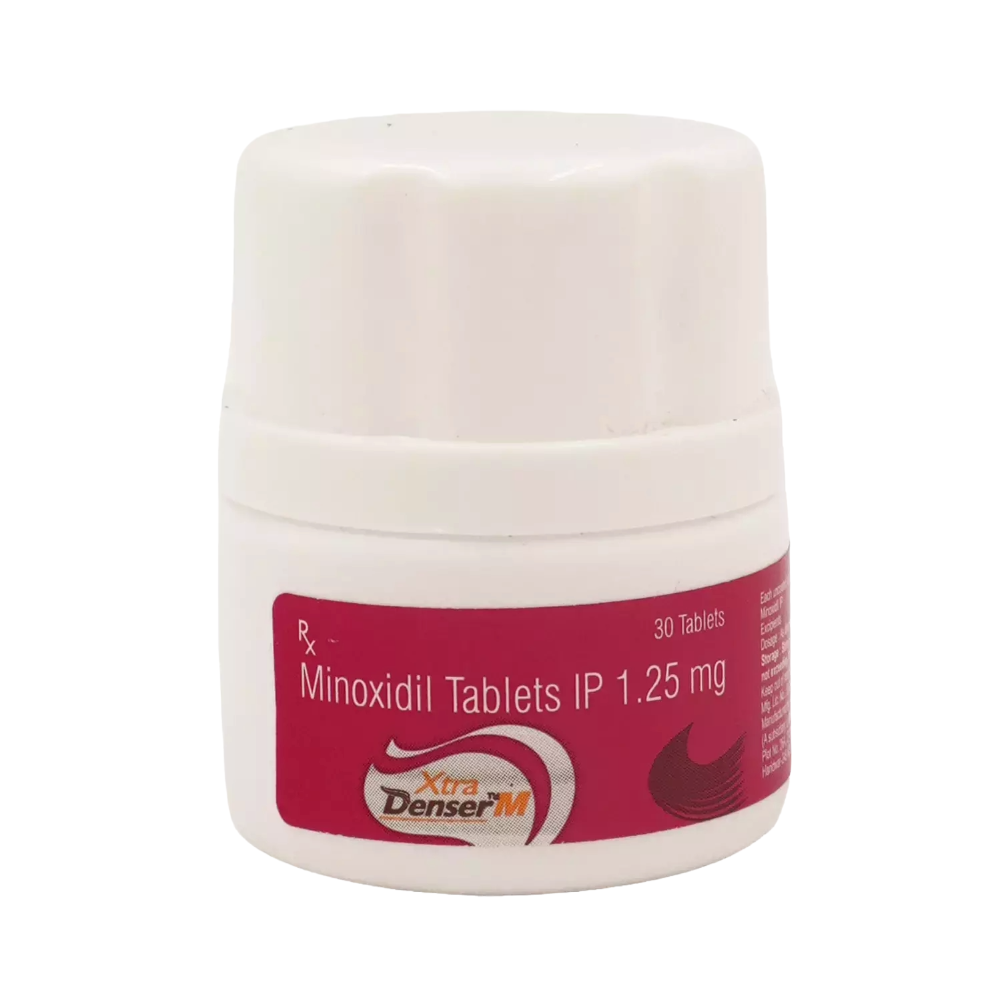 Jar of Minoxidil Tablets IP 1.25 mg with a red label on a white background