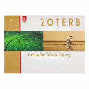 Zoterb Terbinafine Tablets 250 mg packaging with water droplet design on a white background