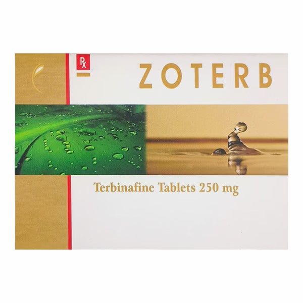 Zoterb Terbinafine Tablets 250 mg packaging with water droplet design on a white background