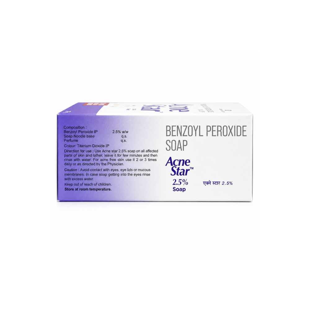 Acne Star 2.5% Benzoyl Peroxide Soap 75 g | Acne Cleansing Soap for Acne-Prone Skin | Helps Control Pimples, Excess Oil & Skin Blemishes