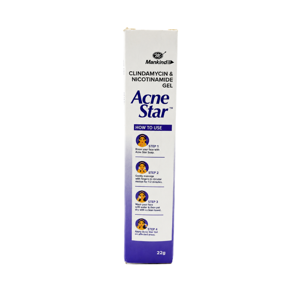 Acne Star 22g carton showing product name, composition and how-to-use instructions.