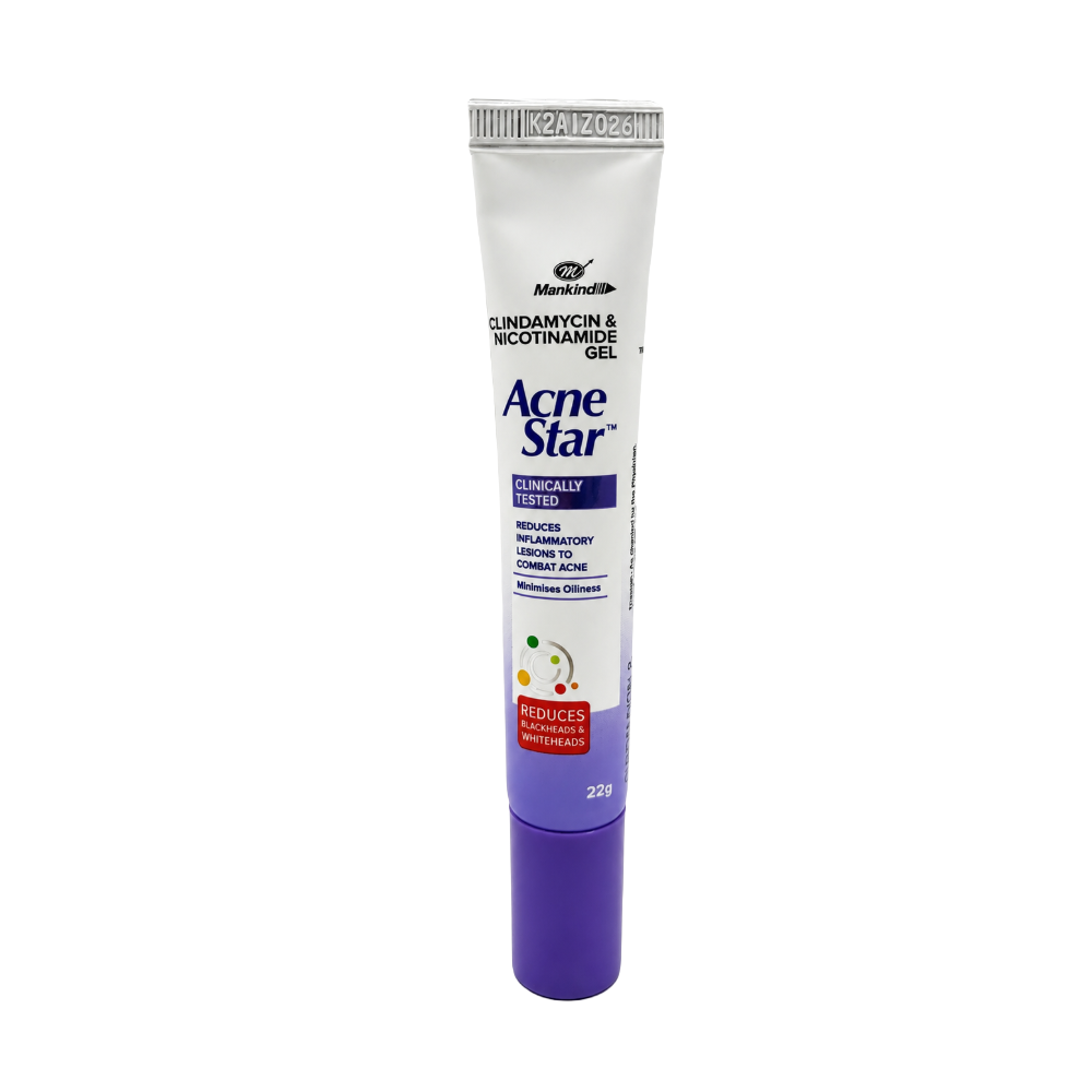 Acne Star Clindamycin and Nicotinamide Gel 22g tube showing the front packaging and acne-care information.