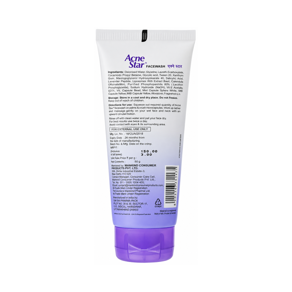 Acne Star Facewash 50g back packaging with ingredients and directions