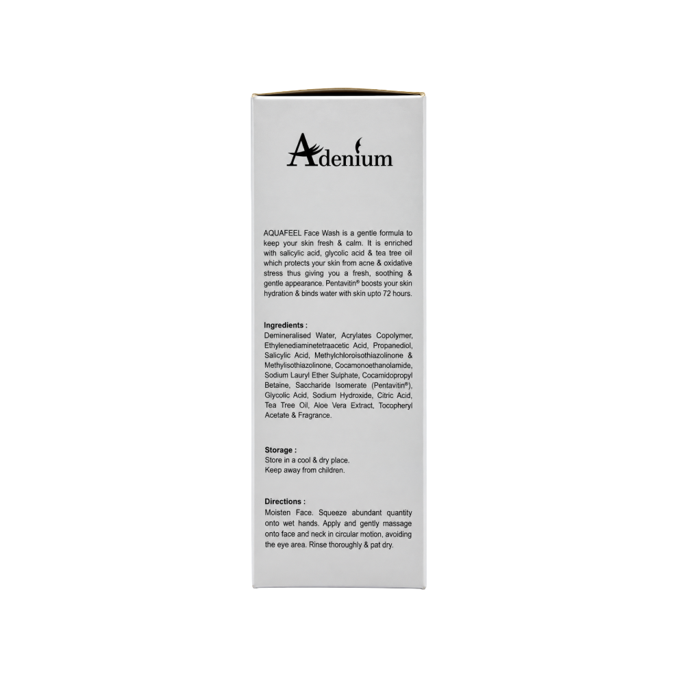 Adenium Aquafeel Face Wash 100ml back packaging with ingredients and directions