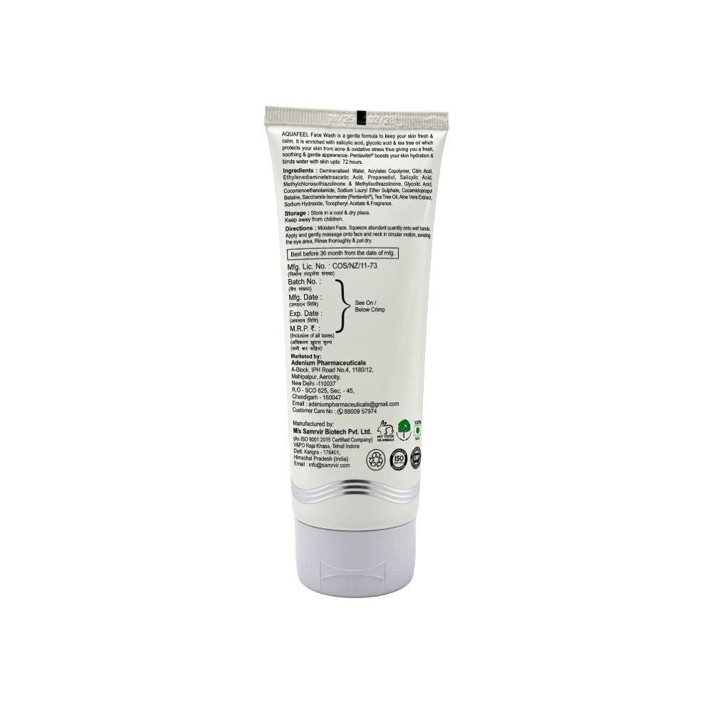 Adenium Aquafeel Face Wash 100ml tube back with ingredients and manufacturer details