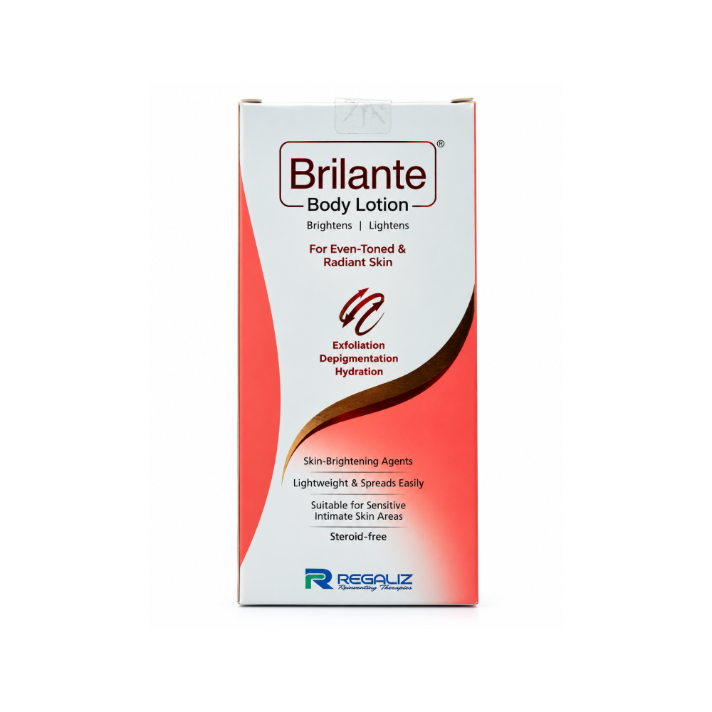 Front of Brilante Body Lotion 75ml carton by Regaliz featuring skin-brightening, exfoliation and hydration claims.