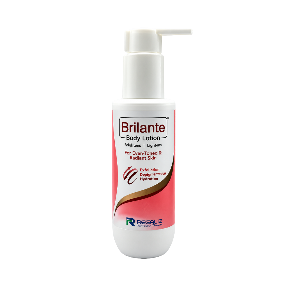 Brilante Body Lotion by Regaliz in a white and pink 75ml pump bottle for exfoliation, pigmentation care and hydration.