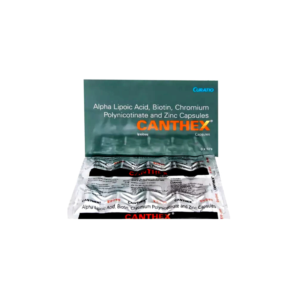 CANTHEX supplement packaging with capsules on a white background