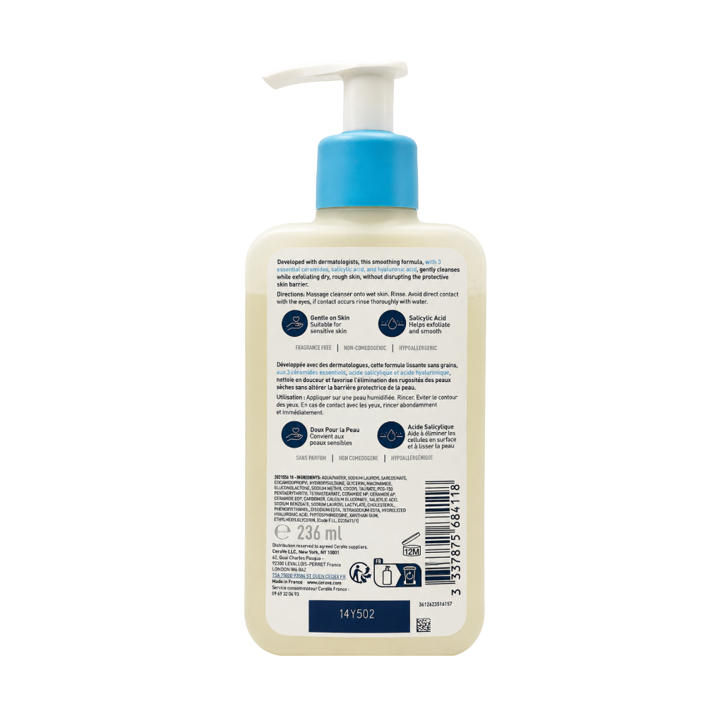CeraVe SA Smoothing Cleanser 236ml back label with salicylic acid, ceramides and hyaluronic acid