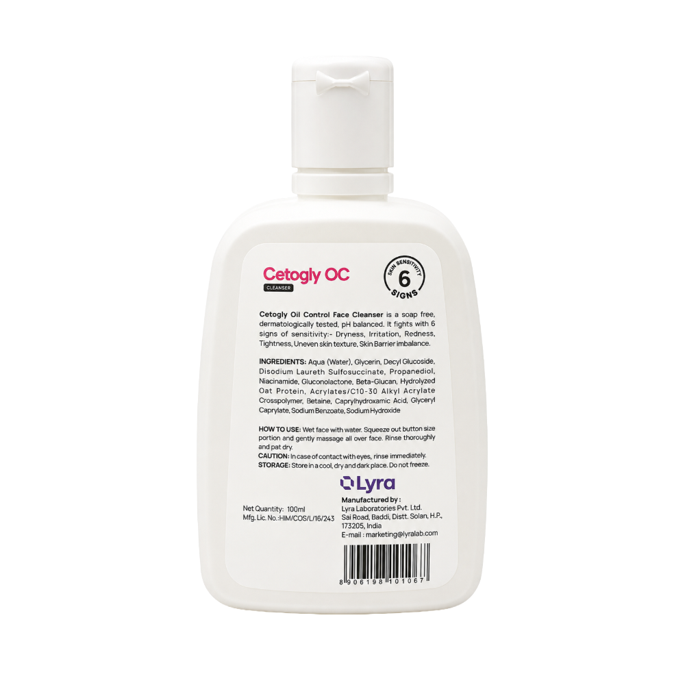 Cetogly OC cleanser ingredients and usage instructions with niacinamide and gluconolactone