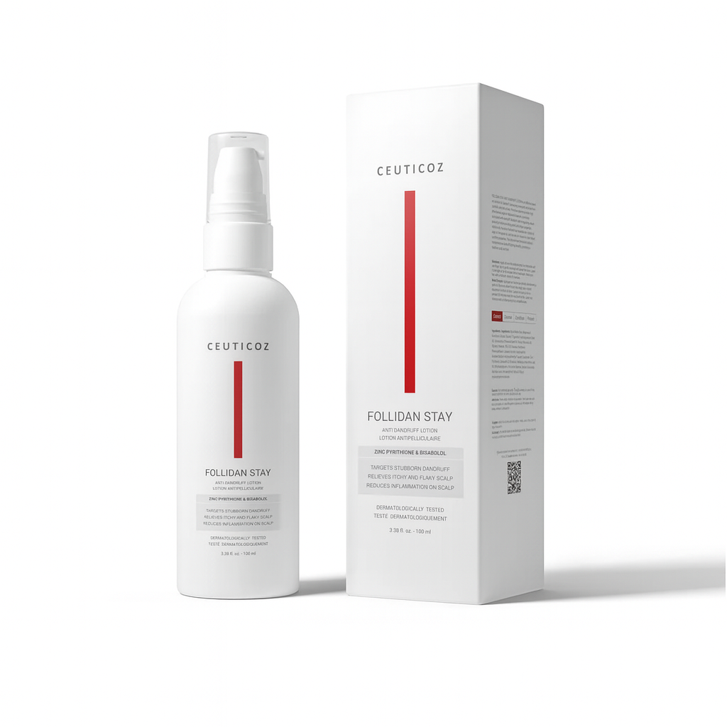 Front packaging of Ceuticoz Follidan Stay Dandruff Clear Lotion with Zinc Pyrithione and Bisabolol 100 ml