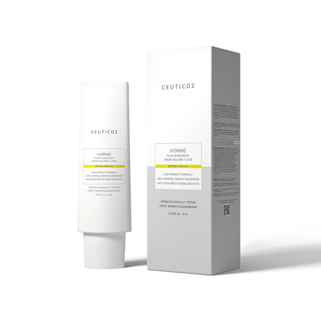 Ceuticoz Ivorine Fluid Sunscreen SPF 50+ PA++++ 50 ml front packaging showing lightweight mineral serum sunscreen