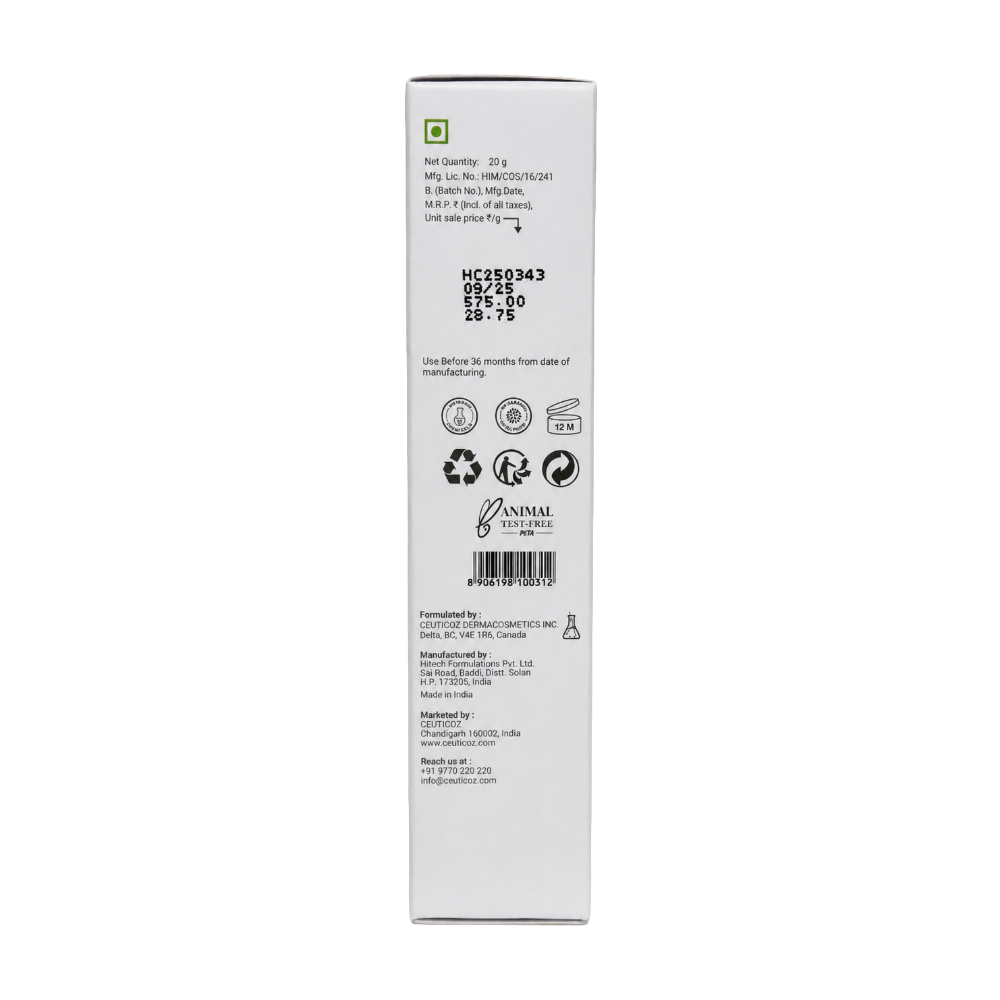 Ceuticoz Moduseb Acne Spot Gel 20g carton back with batch and manufacturer information