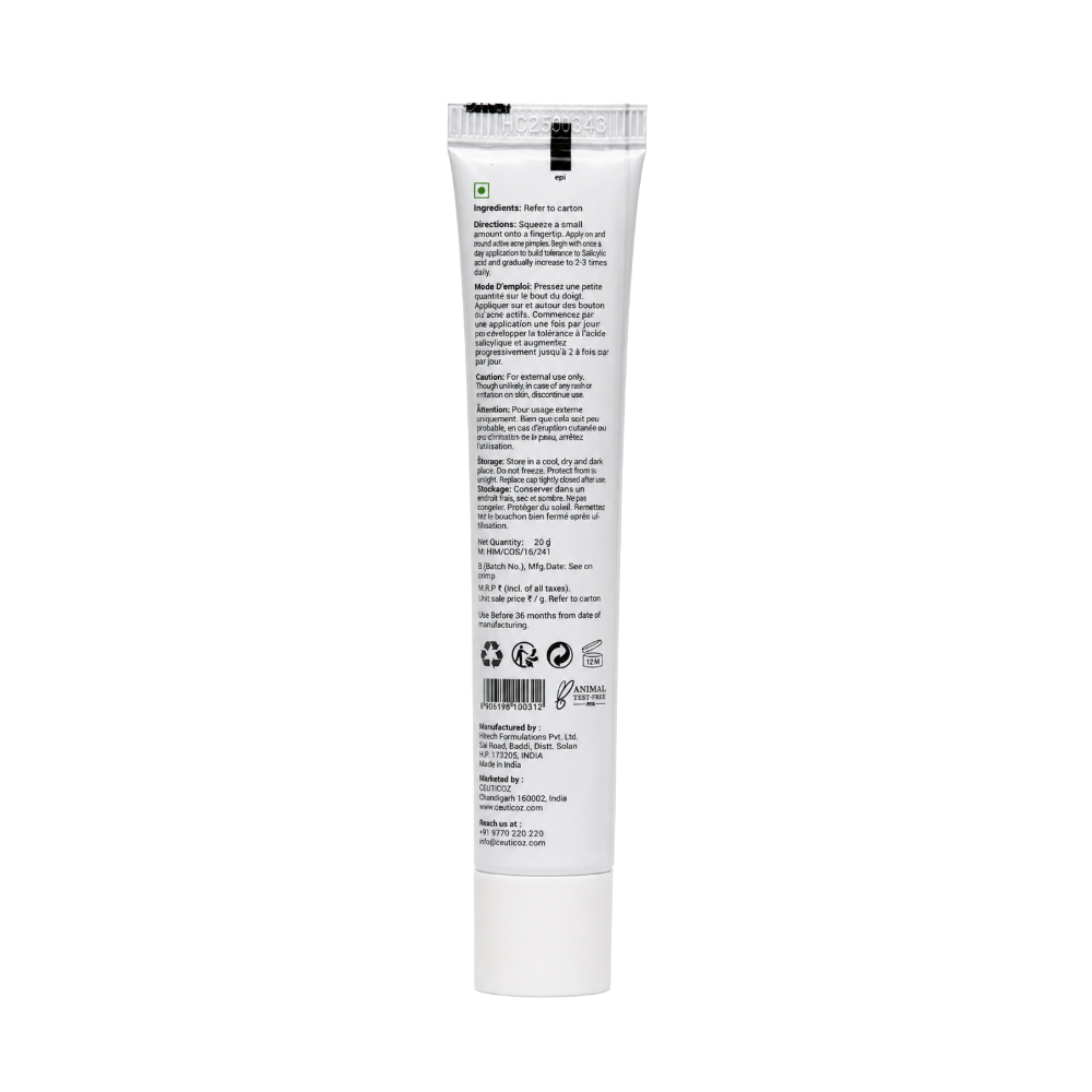 Ceuticoz Moduseb Acne Spot Gel 20g tube back view with directions and product information