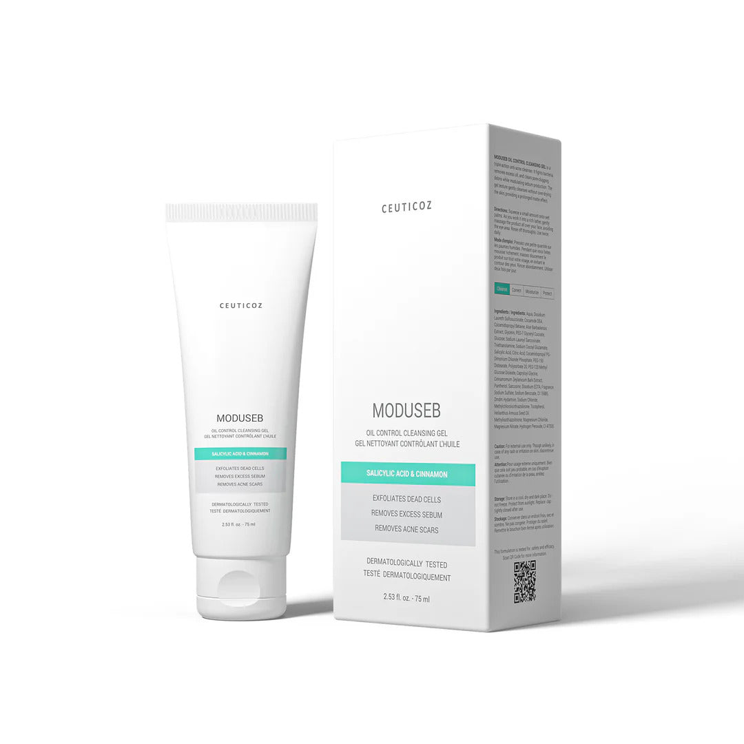 Front packaging of Ceuticoz Moduseb Oil Control Foaming Gel formulated for acne-prone skin 75 ml