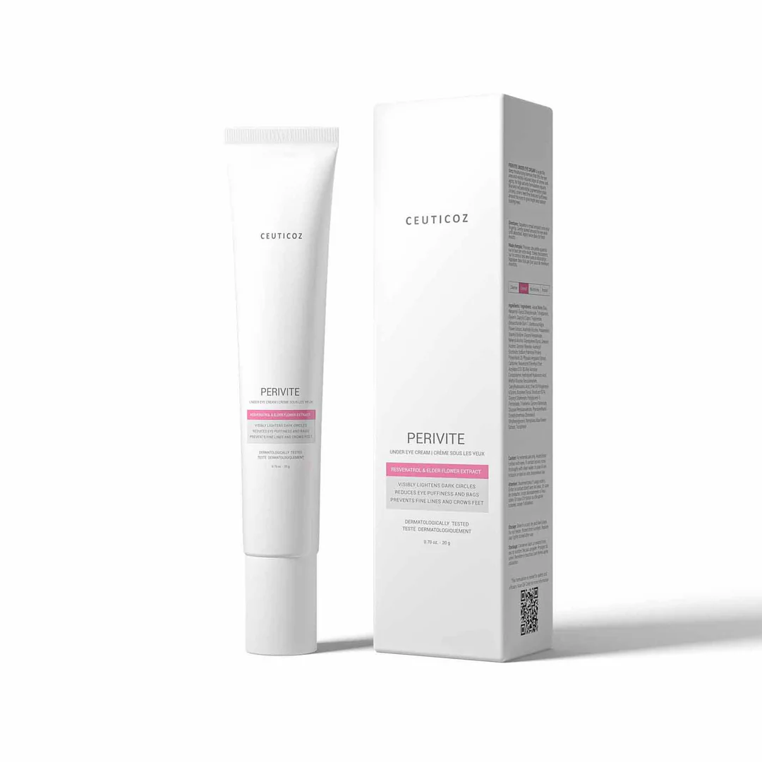 Ceuticoz Perivite Under Eye Cream 20g back packaging showing ingredients, directions, caution and storage information