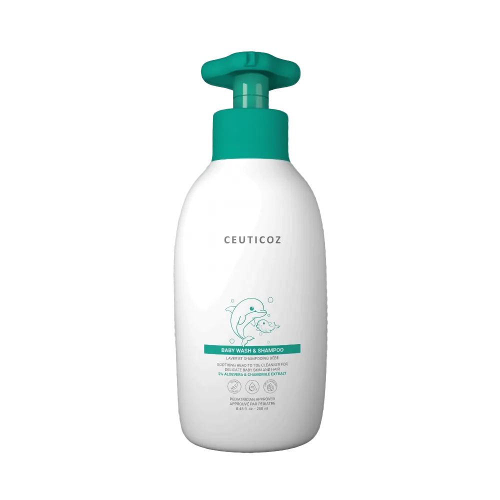 Ceuticoz baby wash and shampoo bottle with green pump on a white background