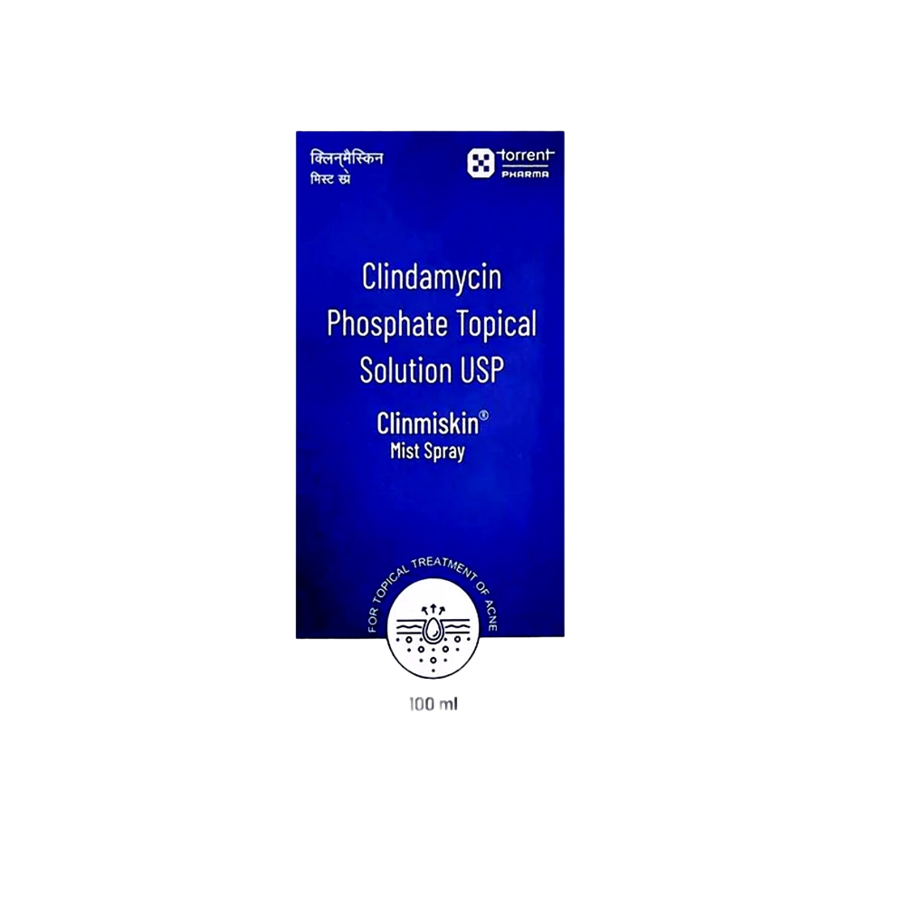 Clindamycin Phosphate Topical Solution USP packaging with blue background and white text.