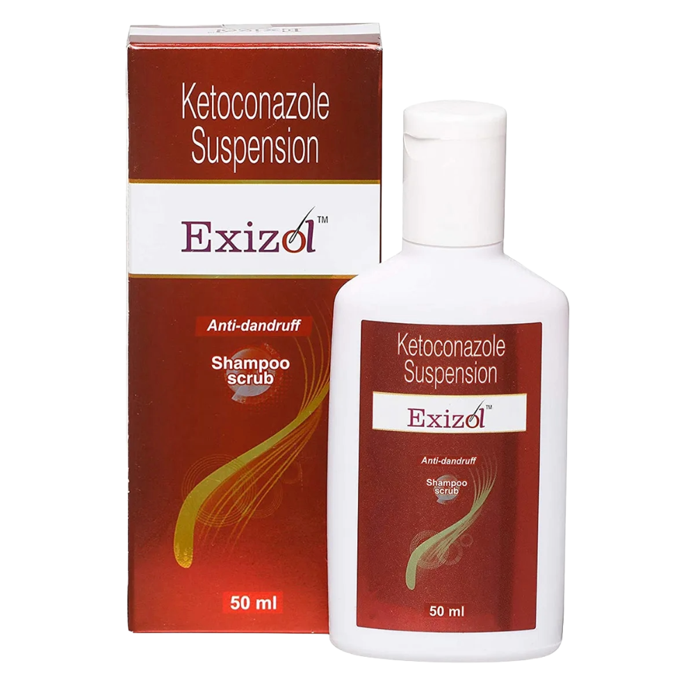 Exizol Ketoconazole Suspension shampoo and packaging on a white background