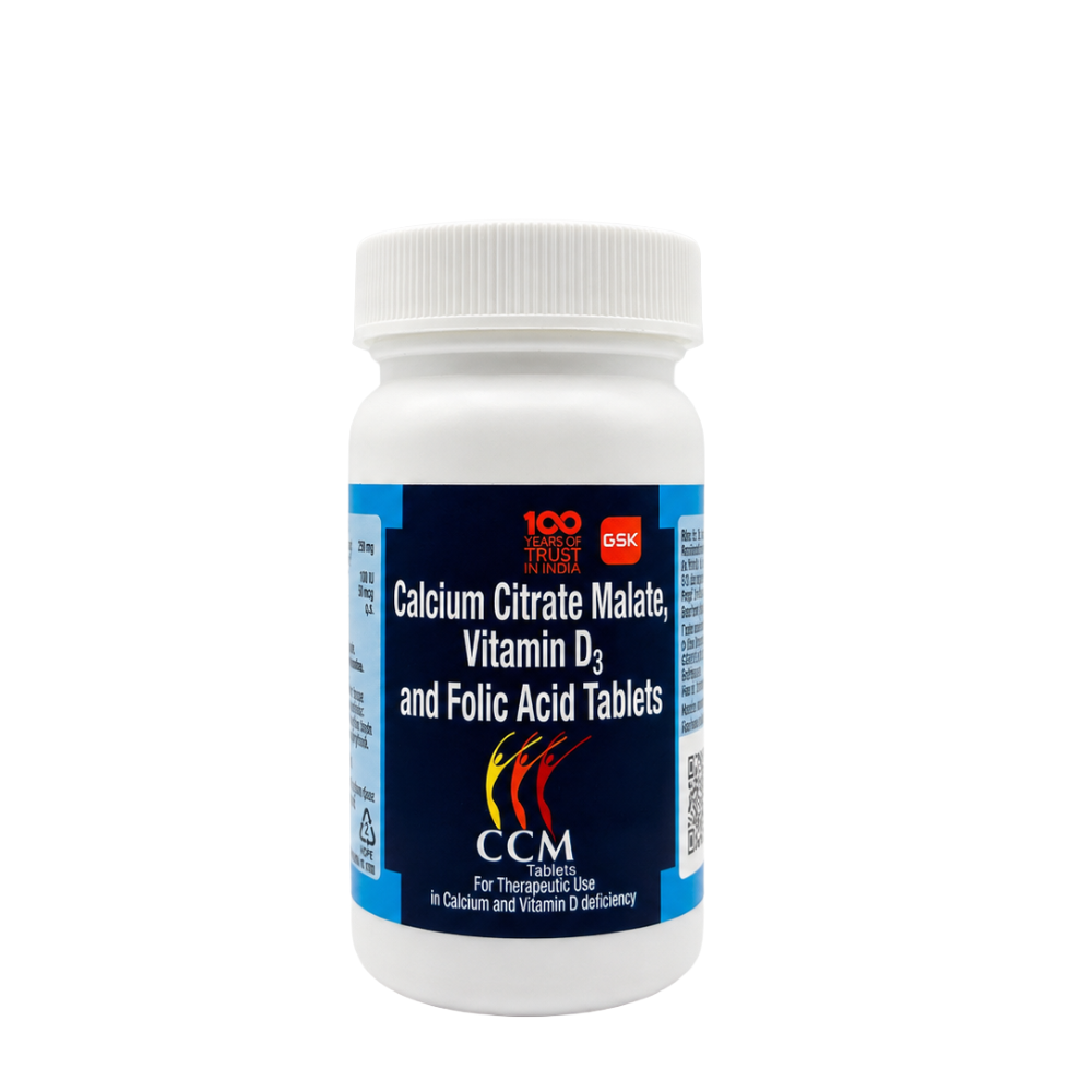 GSK CCM Calcium Citrate Malate Vitamin D3 and Folic Acid Tablets 40 tablet bottle front view