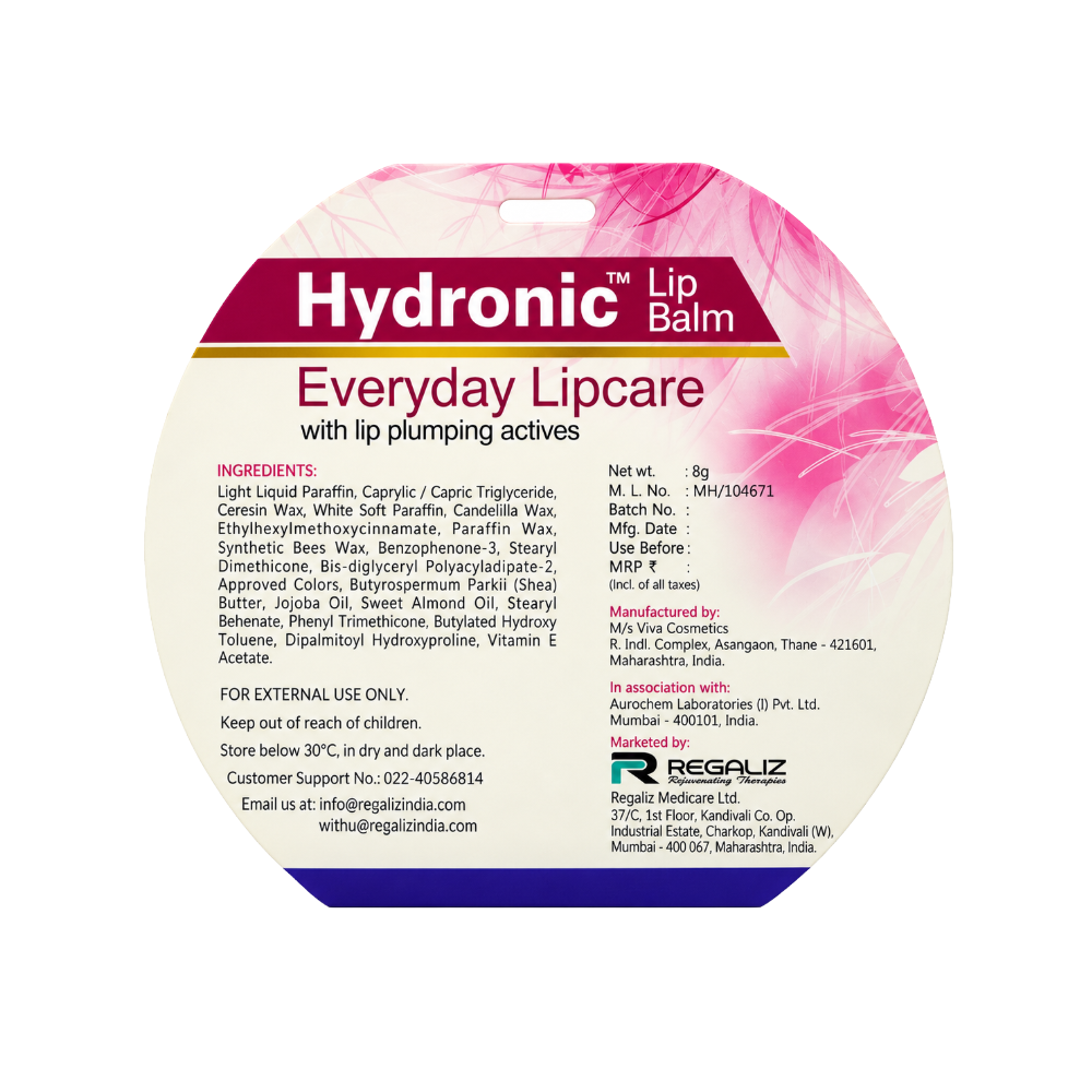 Hydronic Lip Balm 8g back pack showing ingredients and product details