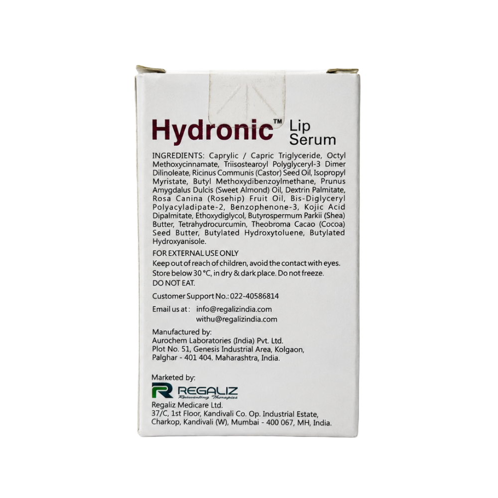 Back packaging showing the ingredients, storage instructions, manufacturer and marketer details of Hydronic Lip Serum.