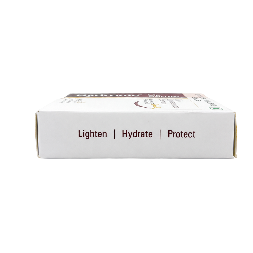 Side panel of Hydronic Lip Serum highlighting its Lighten, Hydrate and Protect positioning.