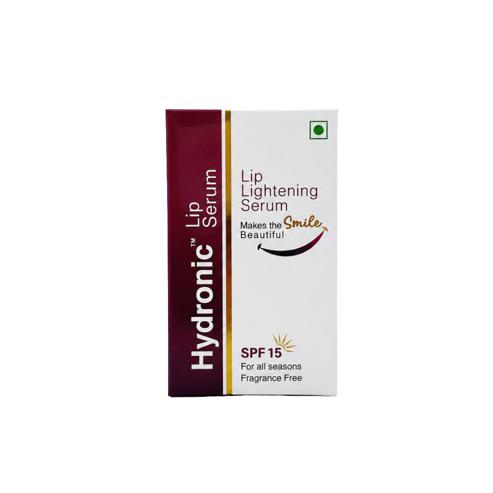 Front packaging of Hydronic Lip Serum featuring SPF 15, fragrance-free formulation and lip pigmentation care.