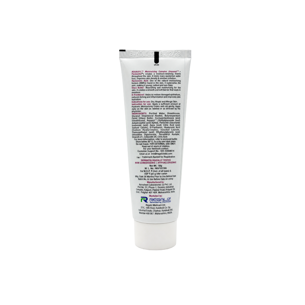Back view of Hydronic Moisturizing Cream showing ingredients, directions, storage information and product details.