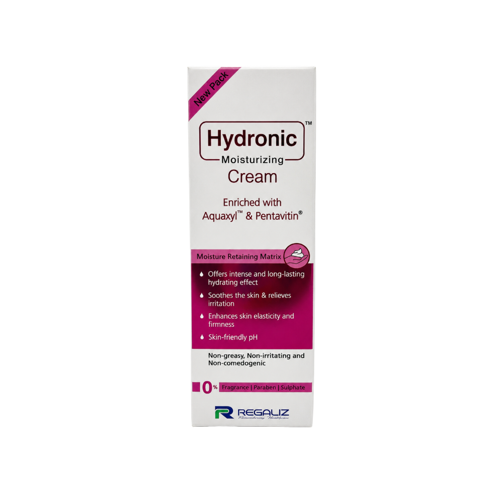 Front view of Hydronic Moisturizing Cream 50g carton featuring Aquaxyl, Pentavitin and moisture-retaining formulation.