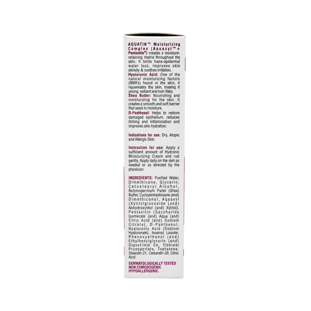 Side view of Hydronic Moisturizing Cream 50g packaging displaying product information, ingredients, storage and manufacturer details.