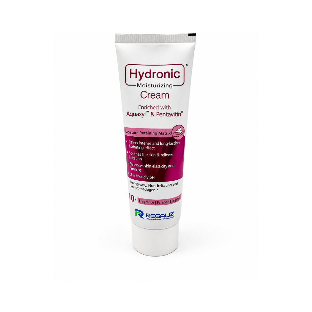Front view of Hydronic Moisturizing Cream 50g by Regaliz with Aquaxyl and Pentavitin for moisturizing dry skin.