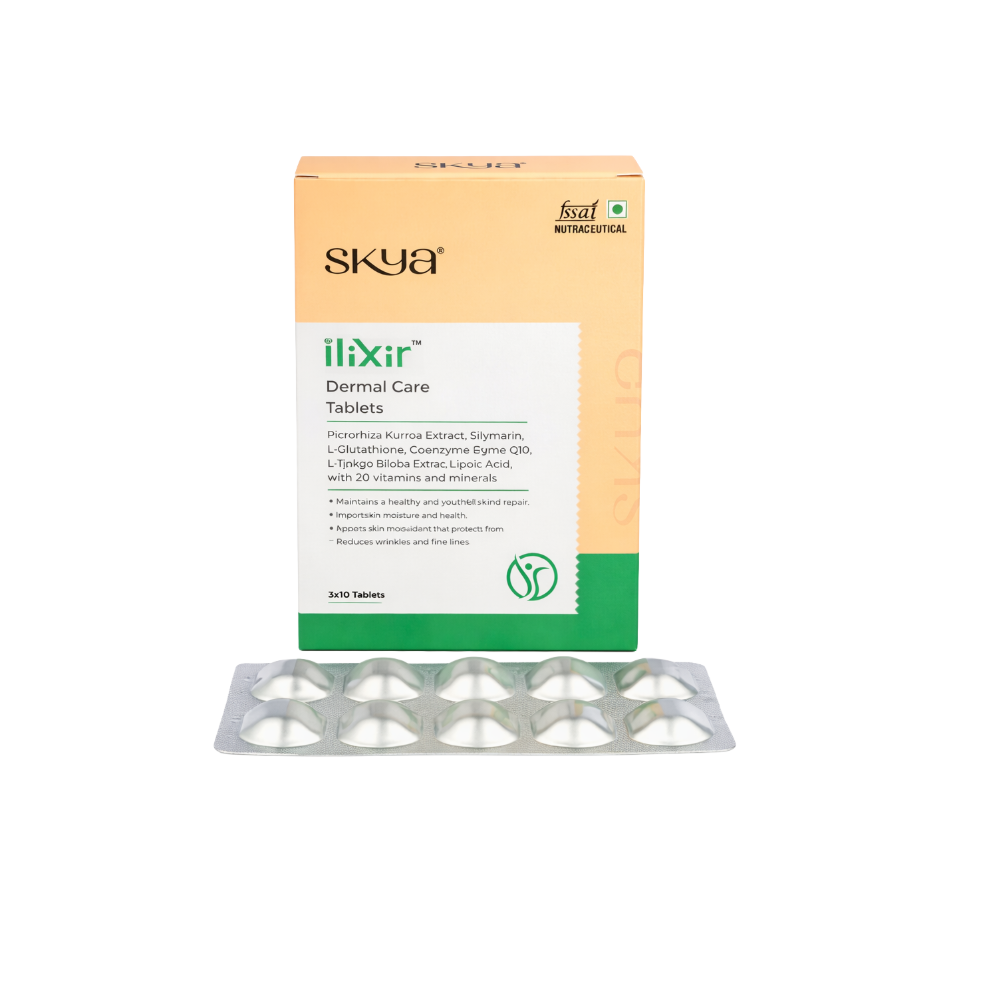 Skya IliXir Dermal Care Tablets packaging on a white background